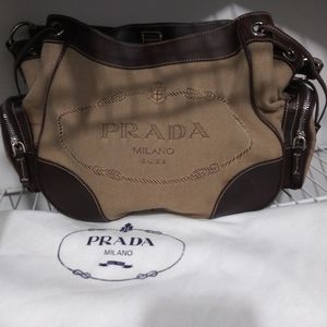 Prada Logo Canvas & Leather Shoulder Bag